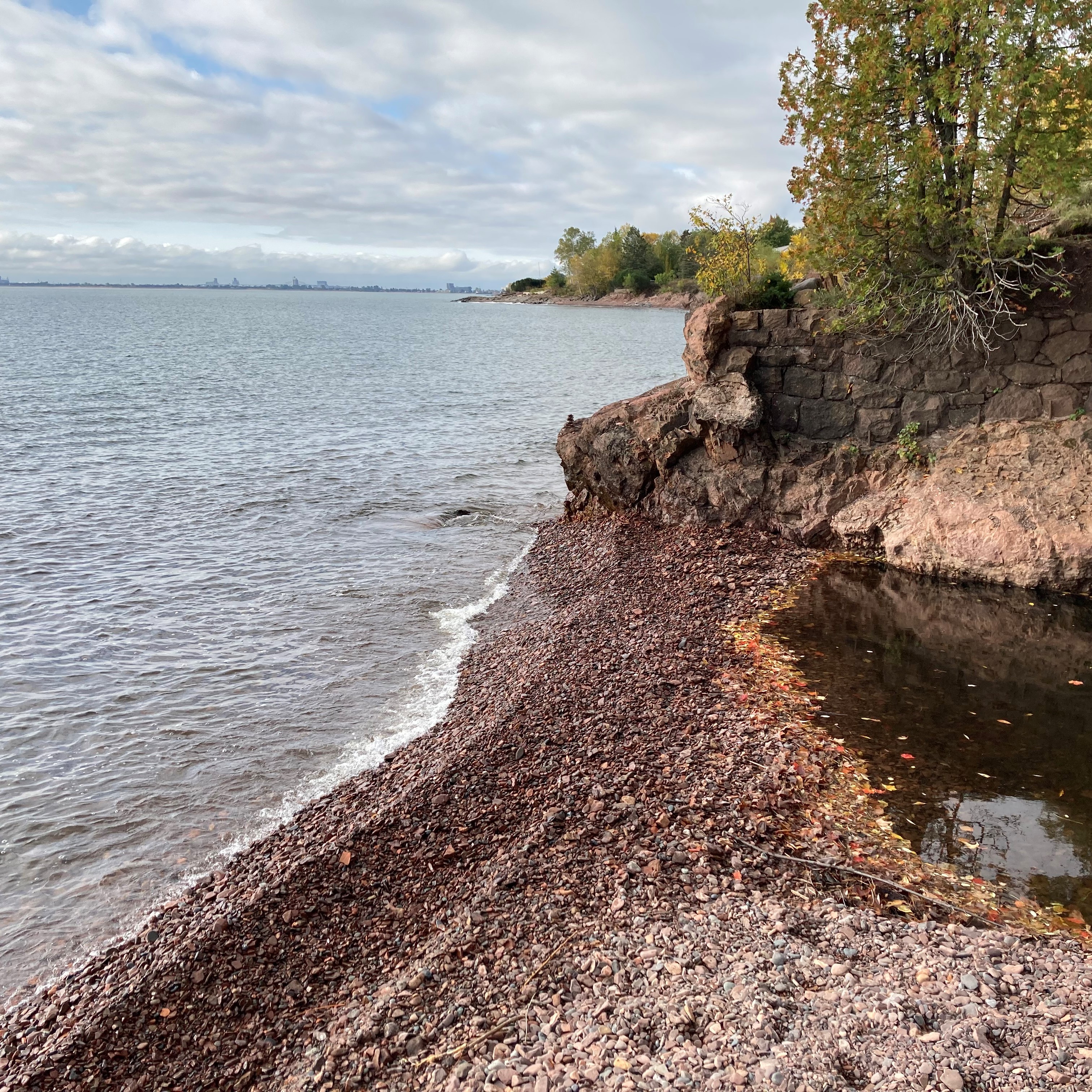 Shoreline with pebble beach and adjacent pond of water with trees